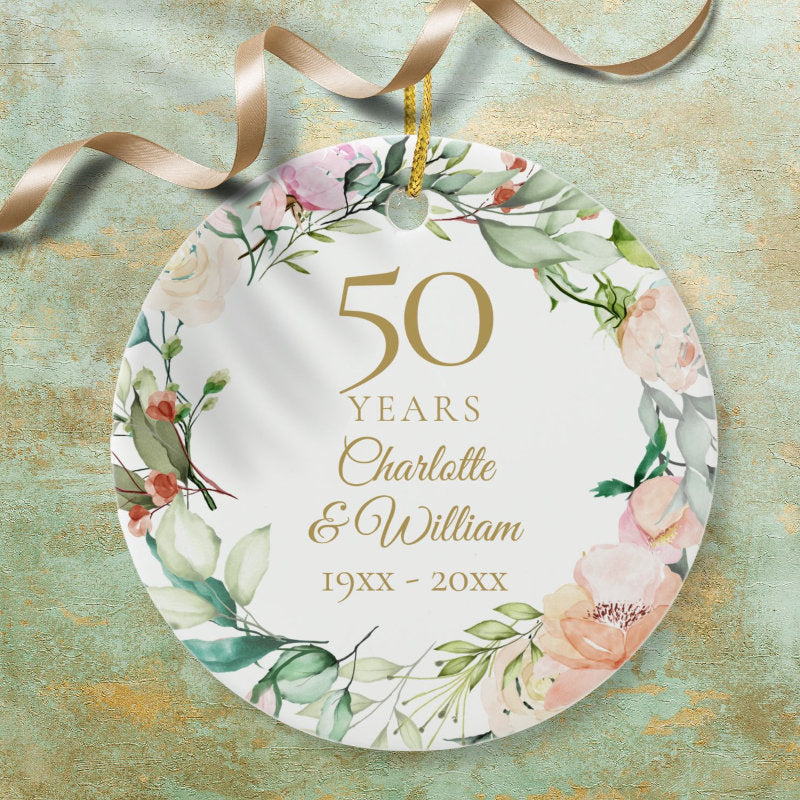 Sweet Water color Roses Garland 50Th Anniversary Ceramic Ornament