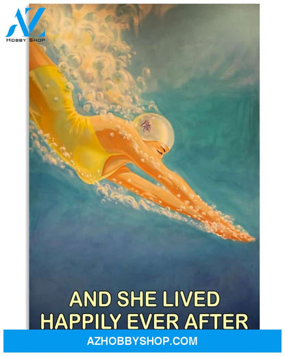 Swimming And She Lived Happily Ever After Vertical Canvas Wall Art, Wall Decor Visual Art