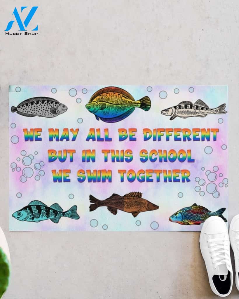 Teacher Fish We Swim Together Equality Indoor And Outdoor Doormat Warm House Gift Welcome Mat Gift For Student Teacher Classroom Decor