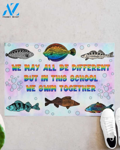 Teacher Fish We Swim Together Equality Indoor And Outdoor Doormat Warm House Gift Welcome Mat Gift For Student Teacher Classroom Decor