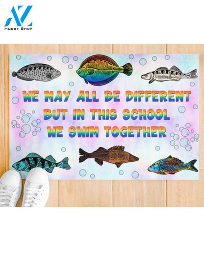 Teacher Fish We Swim Together Equality Indoor And Outdoor Doormat Warm House Gift Welcome Mat Gift For Student Teacher Classroom Decor