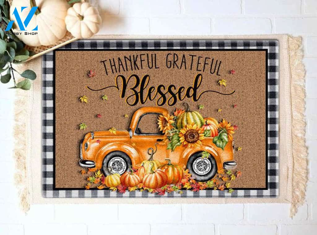 Thankful Grateful Blessed Fall Truck Doormat Welcome Mat Housewarming Gift Home Decor Funny Doormat Gift For Thanksgiving Halloween Christmas