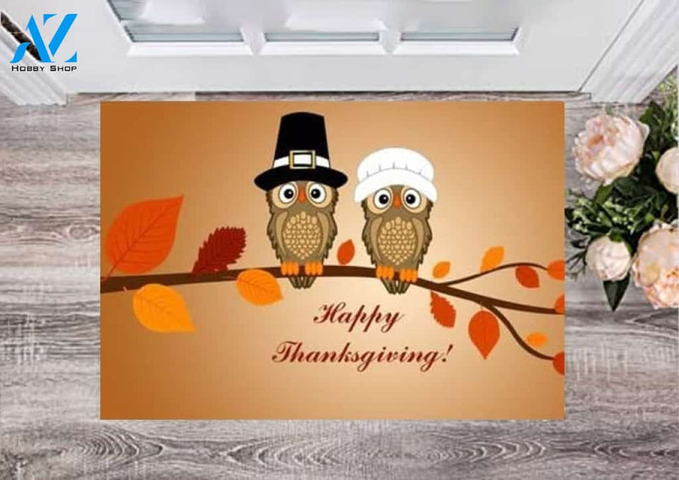 Thanksgiving Day Owl Couple Doormat Indoor and Outdoor Mat Entrance Rug Sweet Home Decor Housewarming, Gift For Family