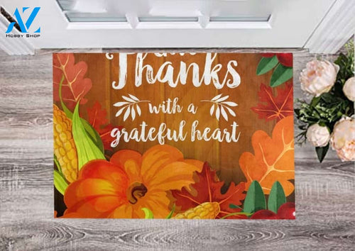 Thanksgiving Day With A Grateful Heart Harvest Vegetable Doormat Indoor and Outdoor Mat Entrance Rug Sweet Home Decor Housewarming, Gift For Friend Family