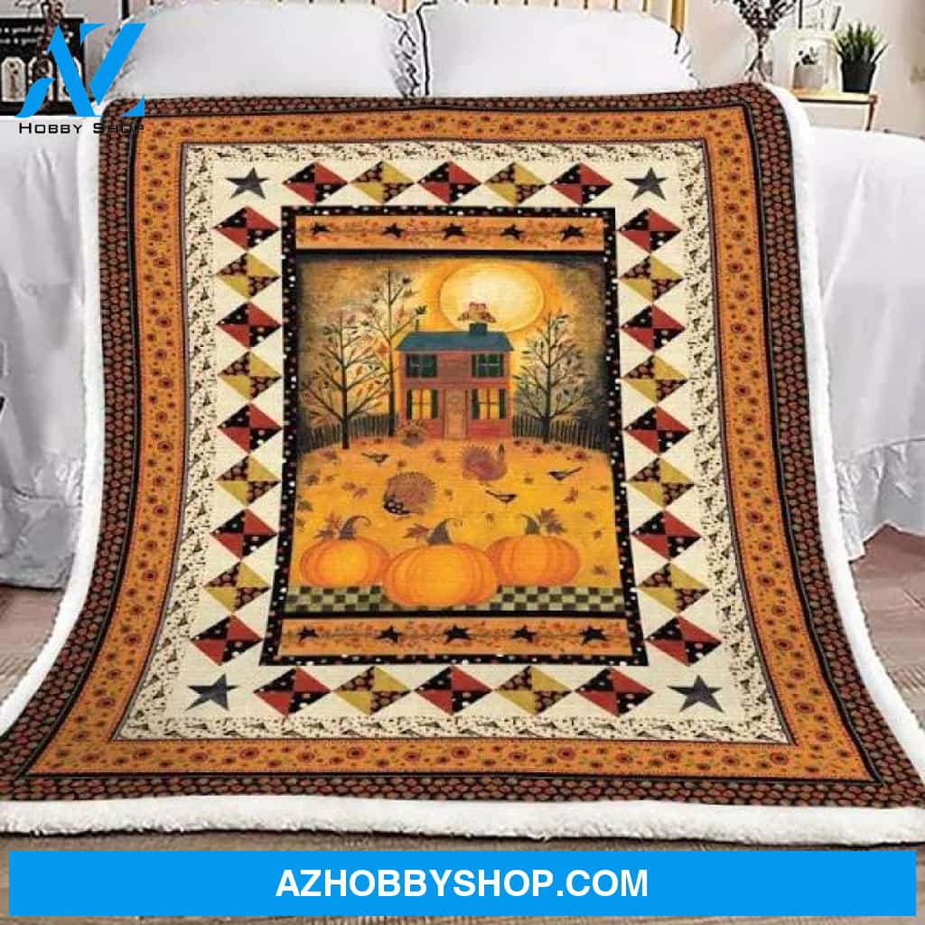 Thanksgiving House & Pumkins Fleece Blanket Gift For People Home Decor Bedding Couch Sofa Soft And Comfy Cozy