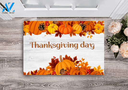 Thanksgiving Pumpkin Maple Leaf White Wooden Doormat For Entrance Indoor And Outdoor Mat Entrance Rug Sweet Home Decor Housewarming, Gift For Friend Family