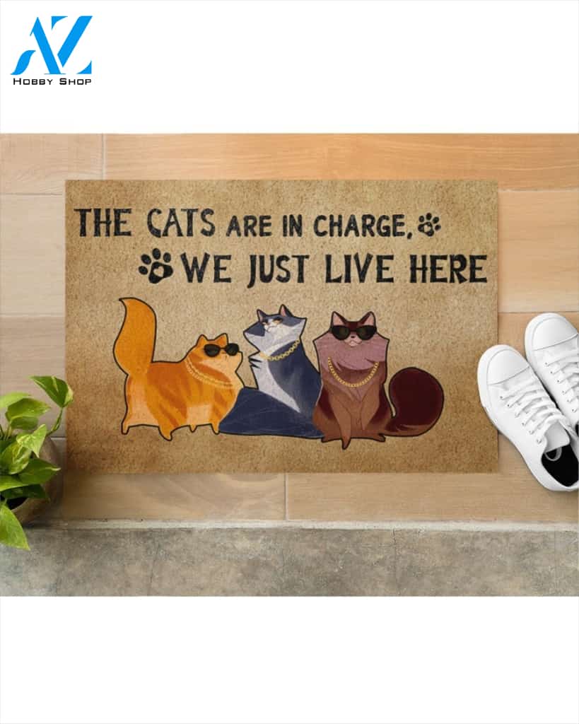 The Cats Are In Charge We Just Live Here Doormat Welcome Mat Housewarming Gift Home Decor Funny Doormat Best Gift Idea For Cat Lovers