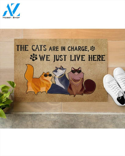 The Cats Are In Charge We Just Live Here Doormat Welcome Mat Housewarming Gift Home Decor Funny Doormat Best Gift Idea For Cat Lovers