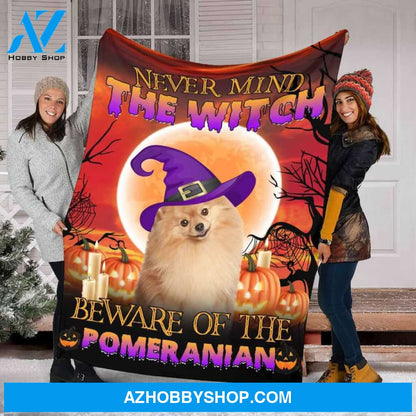 The Dog With The Witch Hat Fleece Blanket Beware Of The Pomeranian Gift For Family Birthday Friend Halloween Gift Home Decor Bedding Couch Sofa Soft and Comfy Cozy