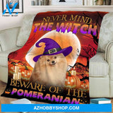 The Dog With The Witch Hat Fleece Blanket Beware Of The Pomeranian Gift For Family Birthday Friend Halloween Gift Home Decor Bedding Couch Sofa Soft and Comfy Cozy