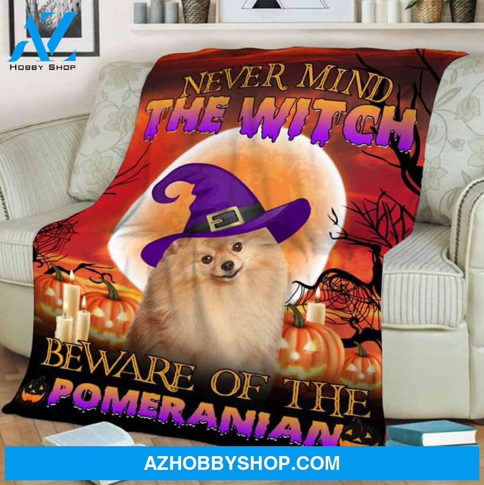 The Dog With The Witch Hat Fleece Blanket Beware Of The Pomeranian Gift For Family Birthday Friend Halloween Gift Home Decor Bedding Couch Sofa Soft and Comfy Cozy