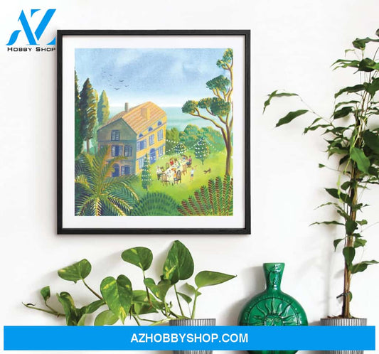 The Durrells in Corfu, Greece Seascape Painting Art Print, Mediterranean Sea Garden Party Canvas And Poster, Wall Decor Visual Art