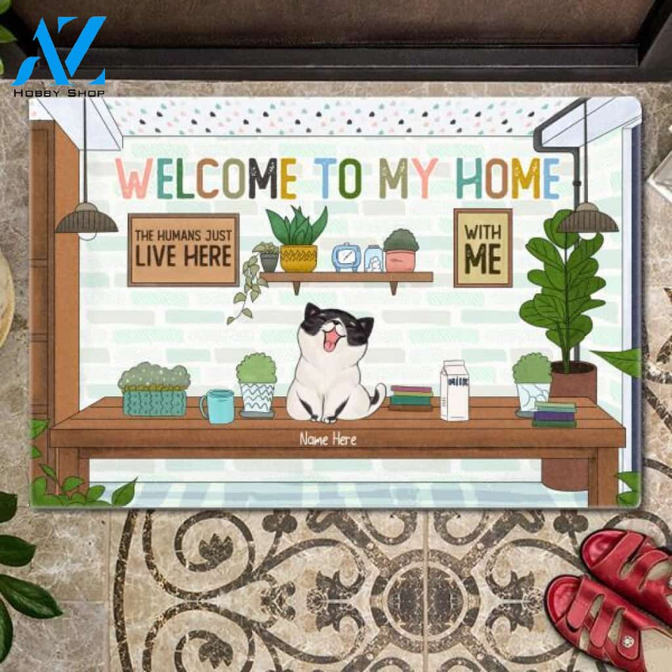 The Human Just Live Here With Us Laughing Cats Customized Doormat | Welcome Mat | House Warming Gift