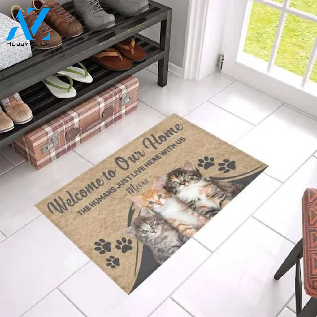 The Humans Just Live Here With Us Cat Easy Clean Welcome DoorMat | Felt And Rubber | DO1409 / Colorful