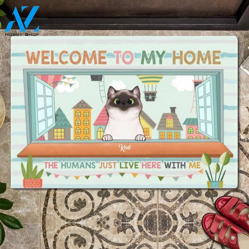 The Humans Just Live Here With Us Cute Cats Customized Doormat | Welcome Mat | House Warming Gift