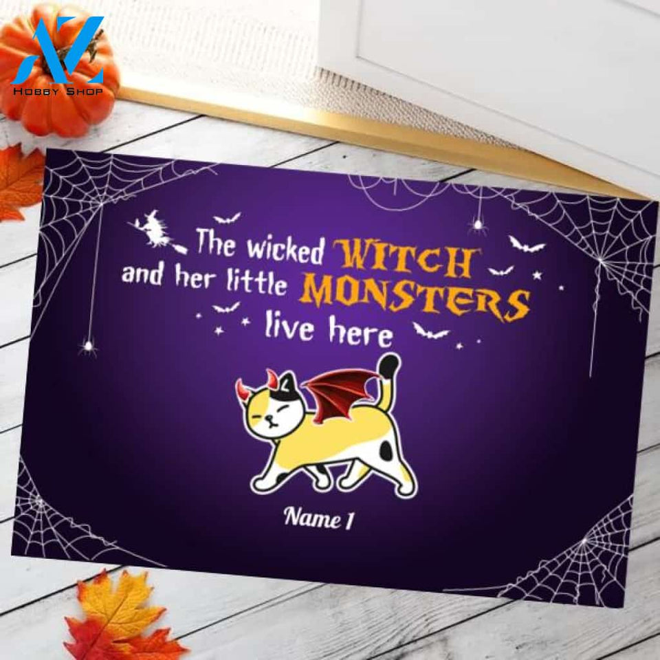 The Wicked Witch And Her Little Monsters Cat Live Here Halloween Personalized Doormat
