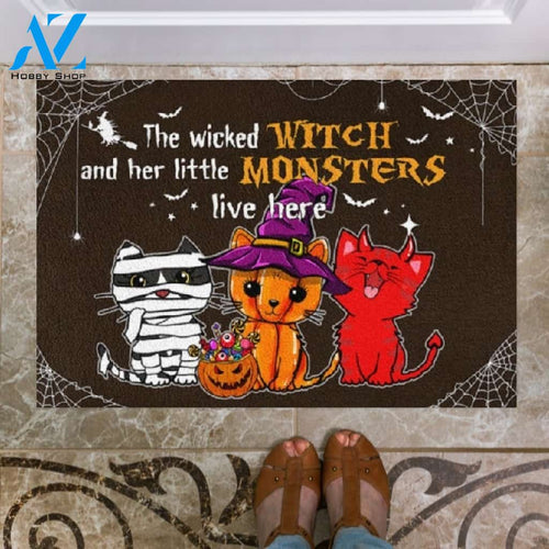 The Wicked Witch And Her Little Monsters Live Here Cats Doormat Welcome Mat Housewarming Gift Home Decor Funny Doormat Gift For Cat Lovers Gift For Halloween