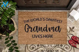 The World's Greatest Grandma Lives Here Printed Doormat Floor Rug Housewarming Gift Home Living Home Decor Indoor and Outdoor Doormat Warm House Gift Welcome Mat Gift for Friend Family