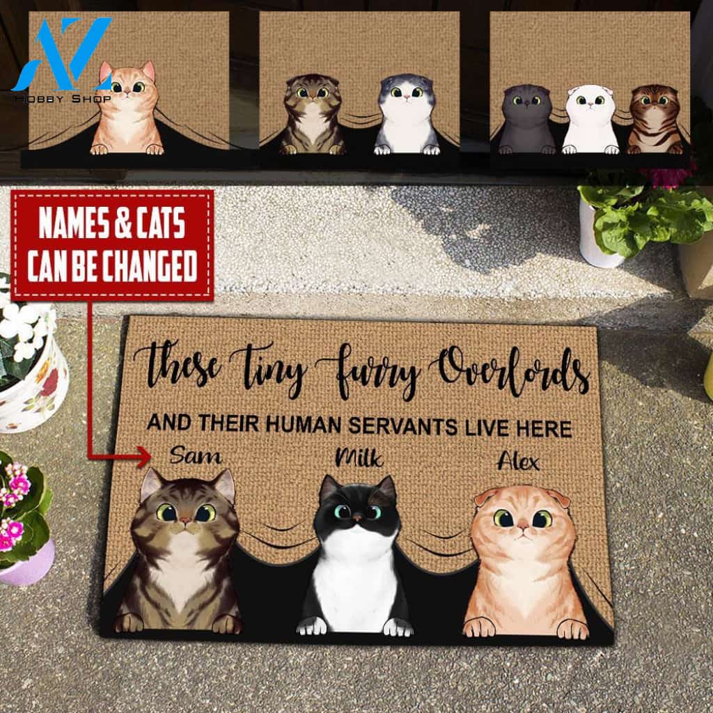These Tiny Furry Overlords and their human servants live here Doormat | Welcome Mat | House Warming Gift