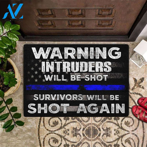 Thin Blue Line Warning Intruders Will Be Short Doormat Welcome Mat House Warming Gift Home Decor Funny Doormat Gift Idea