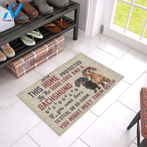 This Home Protected By Good Lord And Dachshund Printed Doormat Home Decor