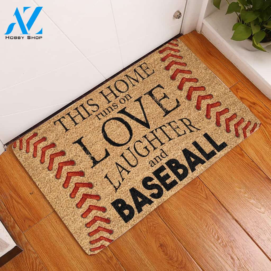 This Home Runs On Love, Laughter And Baseball Doormat | Welcome Mat | House Warming Gift | Christmas Gift Decor