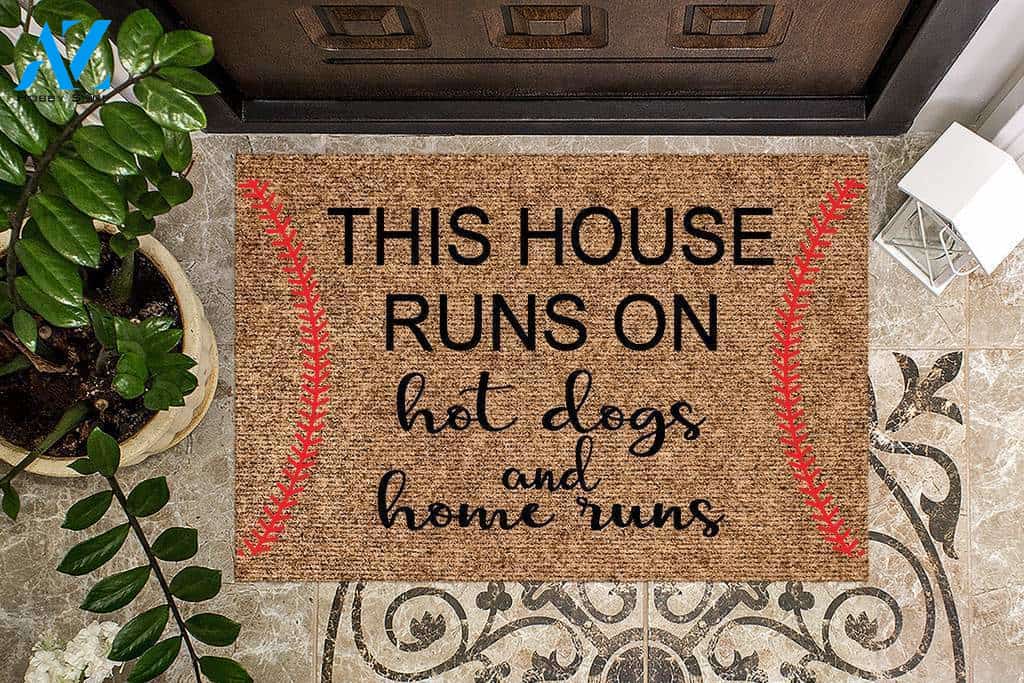 This House Runs on Hot Dogs and Home Runs Baseball Doormat | Welcome Mat | House Warming Gift