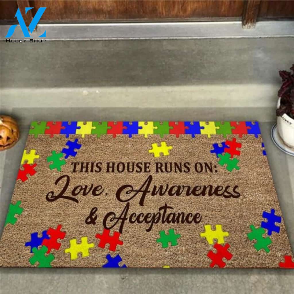 This House Runs On Love, Awareness & Acceptance Autism Awareness Coir Pattern Print Doormat | Welcome Mat | House Warming Gift