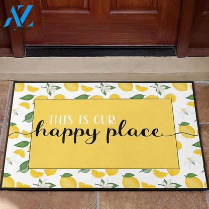 This is Our Happy Place Lime Background Lemon Fruit Doormat Indoor And Outdoor Mat Entrance Rug Sweet Home Decor Closing Gift Gift For Friend Family Fruit Lovers Gift Idea