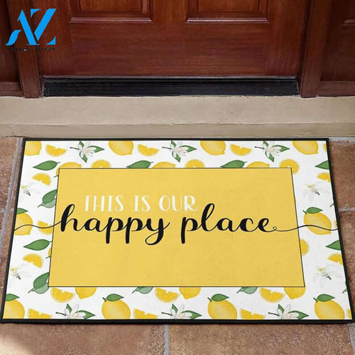 This is Our Happy Place Lime Background Lemon Fruit Doormat Indoor And Outdoor Mat Entrance Rug Sweet Home Decor Closing Gift Gift For Friend Family Fruit Lovers Gift Idea