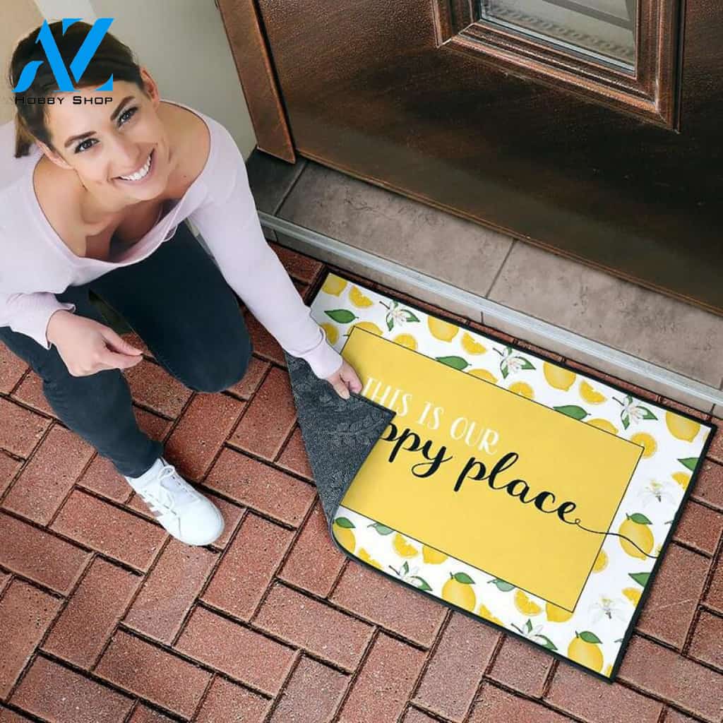 This is Our Happy Place Lime Background Lemon Fruit Doormat Indoor And Outdoor Mat Entrance Rug Sweet Home Decor Closing Gift Gift For Friend Family Fruit Lovers Gift Idea
