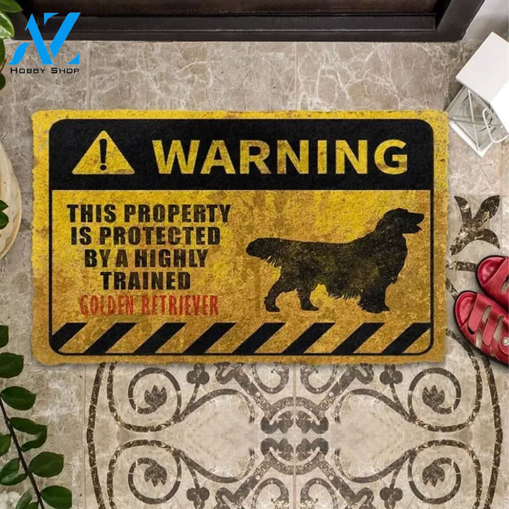 This Property Is Protected By A Highly Trained Golden Retriever Indoor and Outdoor Doormat Warm House Gift Welcome Mat Gift for Friend Family