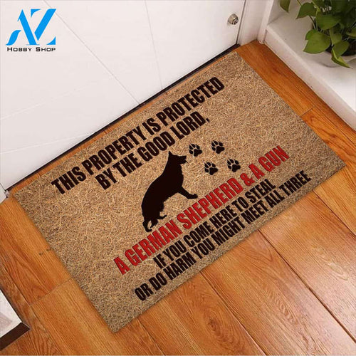 This property is protected by the good lord German Shepherd dog Doormat | Welcome Mat | House Warming Gift