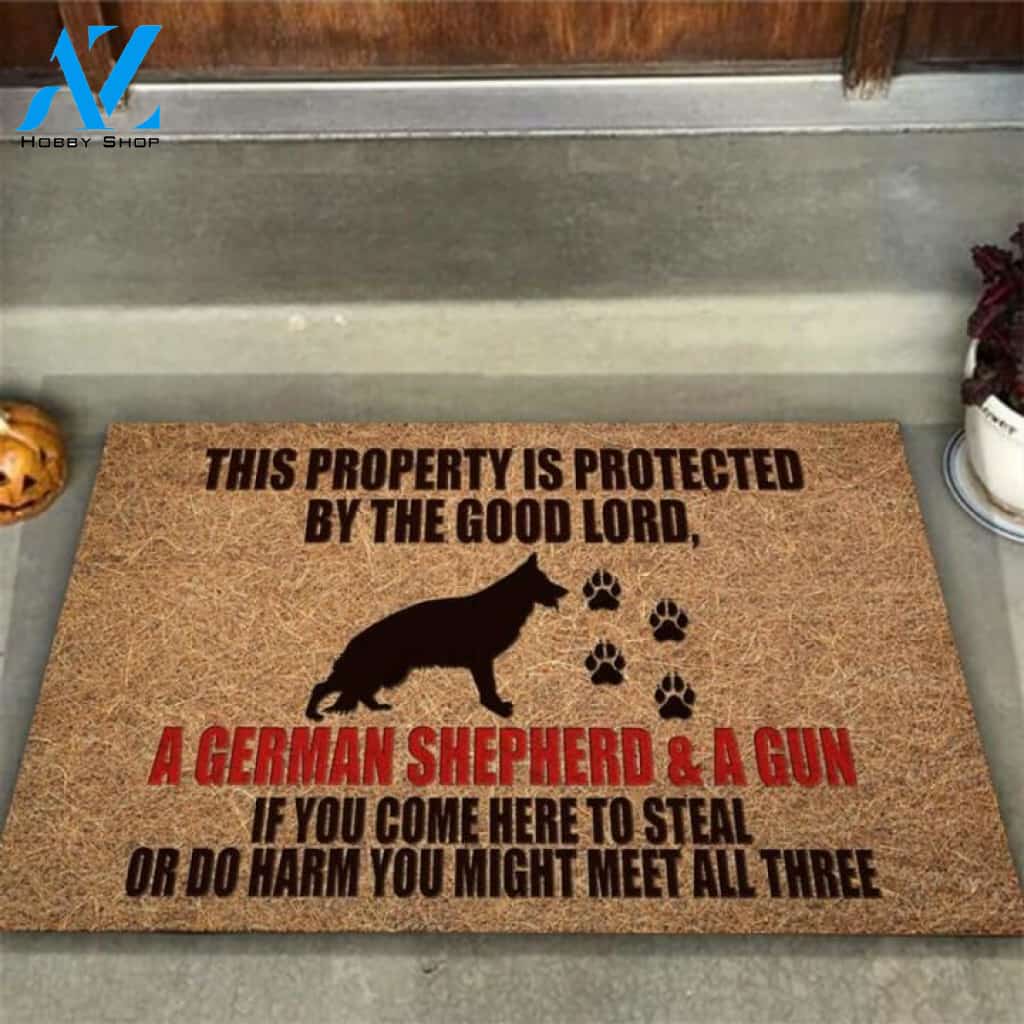 This Property Is Protected German Shepherd Dog Coir Pattern Print Doormat | Welcome Mat | House Warming Gift