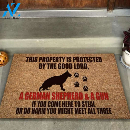 This Property Is Protected German Shepherd Dog Coir Pattern Print Doormat | Welcome Mat | House Warming Gift