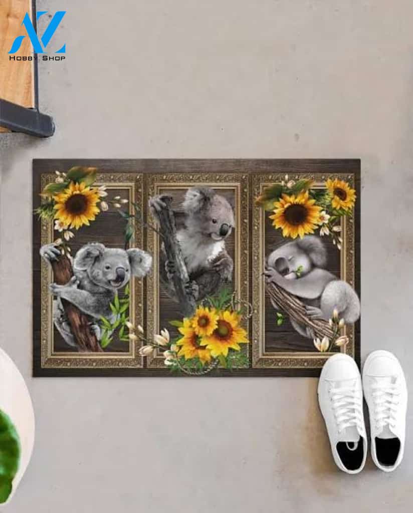 Three Koalas and SunFlower Doormat Indoor and Outdoor Mat Entrance Rug Sweet Home Decor Housewarming Gift Gift for Koala Lovers Wildlife Animals Lovers