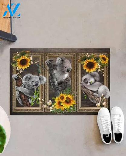 Three Koalas and SunFlower Doormat Indoor and Outdoor Mat Entrance Rug Sweet Home Decor Housewarming Gift Gift for Koala Lovers Wildlife Animals Lovers
