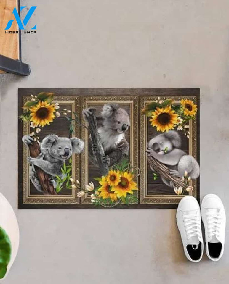 Three Koalas and SunFlower Doormat Indoor and Outdoor Mat Entrance Rug Sweet Home Decor Housewarming Gift Gift for Koala Lovers Wildlife Animals Lovers