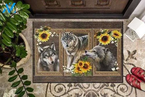 Three Wolf & Sunflower Animal Doormat Indoor and Outdoor Mat Entrance Rug Sweet Home Decor Housewarming Gift Gift for Wolf Lovers Wildlife Animals Lovers