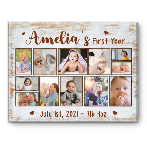 1st Year Baby Birthday Frame Gift, 1st Birthday Baby Photo Collage Canvas, Baby Girl 1 Year Gift, 12 Months Photo Collage Canvas Gift