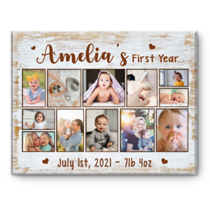 1st Year Baby Birthday Frame Gift, 1st Birthday Baby Photo Collage Canvas, Baby Girl 1 Year Gift, 12 Months Photo Collage Canvas Gift