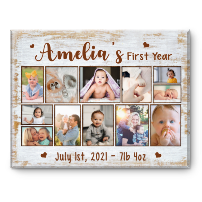 1st Year Baby Birthday Frame Gift, 1st Birthday Baby Photo Collage Canvas, Baby Girl 1 Year Gift, 12 Months Photo Collage Canvas Gift