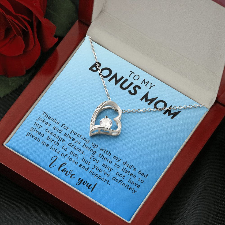 To My Bonus Mom Funny Forever Love Heart Necklace Gift for Stepmother