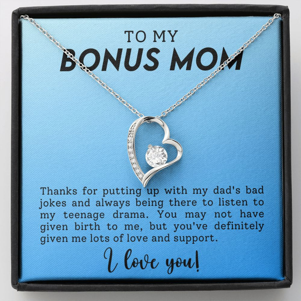 To My Bonus Mom Funny Forever Love Heart Necklace Gift for Stepmother