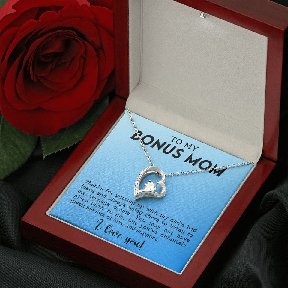 To My Bonus Mom Funny Forever Love Heart Necklace Gift for Stepmother