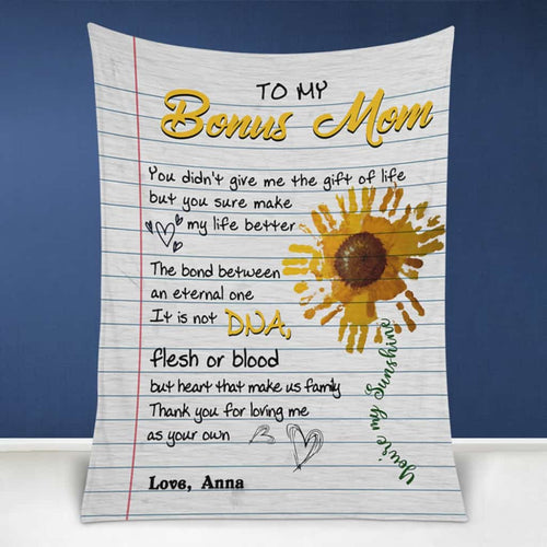 To My Bonus Mom You Didn't Give Me The Gift Of Life Handprint Sunflower Blanket Gift For Bonus Mom Mother's Day Gift Home Decor Bedding Couch Sofa Soft and Comfy Cozy
