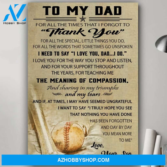 To My Dad From Son Baseball Canvas Wall Art, Wall Decor Visual Art Gift For Dad