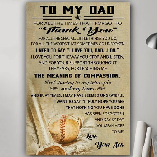 To My Dad From Son Baseball Canvas And Poster, Wall Decor Visual Art, Vintage Posters Gift For Dad, Fathers Day Gifts