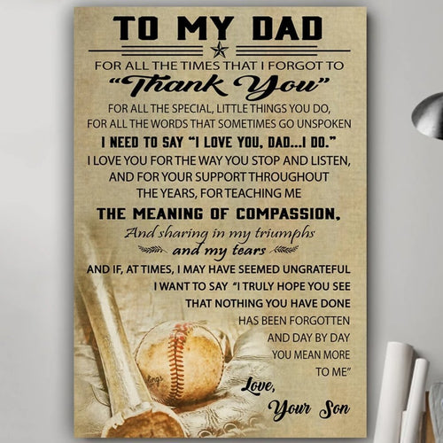 To My Dad From Son Baseball Canvas And Poster, Wall Decor Visual Art, Vintage Posters Gift For Dad, Fathers Day Gifts
