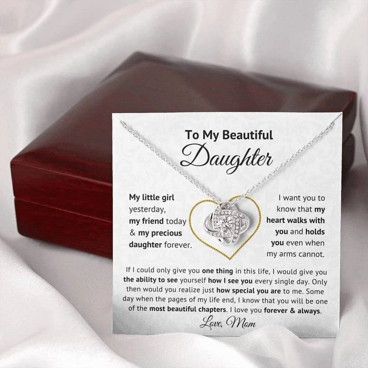 To My Beautiful Daughter My Little Girl Yesterday, My Friend Today & My Precious Daughter Forever Love Knot Necklace Love, Mom Love Knot Necklace LX343J